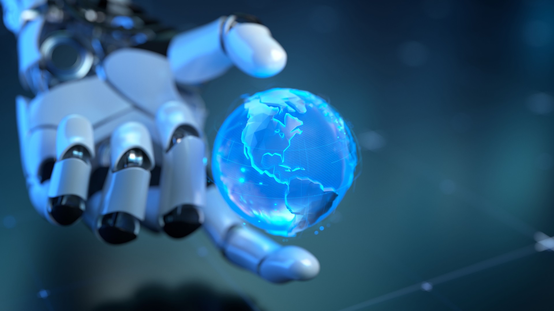 Futuristische Roboterhand, die einen holographischen blauen Globus in digitaler Umgebung hält